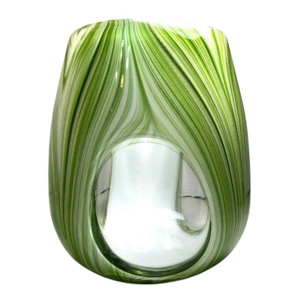 Hand Blown Art Glass Candle Holder Green White Swirl Gold Glitter 7” Tealight